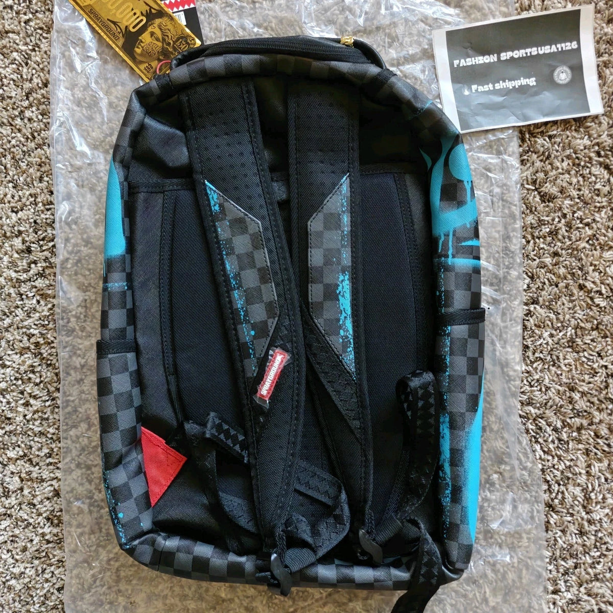 Authenti Sprayground Gamma Teal Check Backpack New Black Bookbag Large SchoolBag