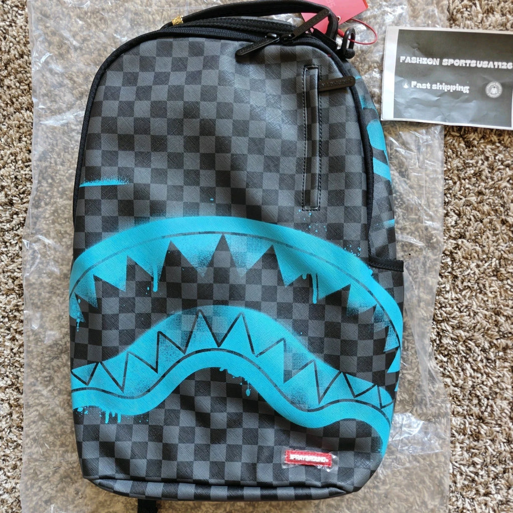 Authenti Sprayground Gamma Teal Check Backpack New Black Bookbag Large SchoolBag
