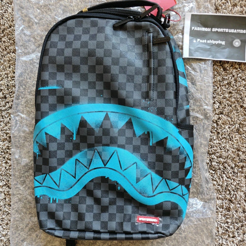Authenti Sprayground Gamma Teal Check Backpack New Black Bookbag Large SchoolBag