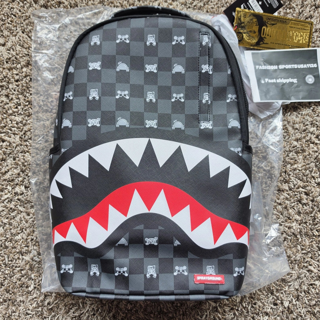 🔥 Sprayground Peeking Characters Backpack New Black Check Bookbag School Bag